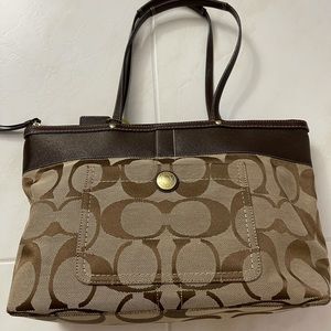 EUC Coach Signature Brown Monogram Canvas & Leather Zippered Tote Bag